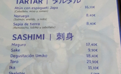 Umiko, carta precio sashimi tartar