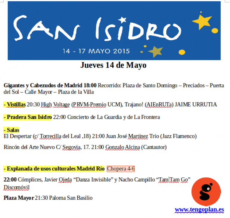 Fiestas de San Isidro Madrid, 14 de mayo programa