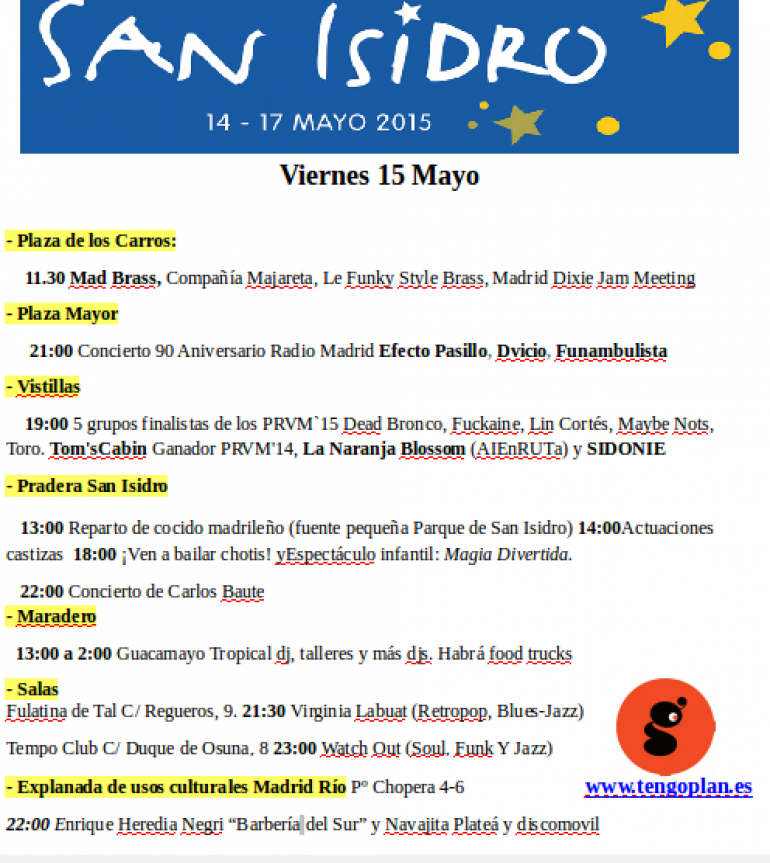 Fiestas de San Isidro Madrid, 15 de mayo programa
