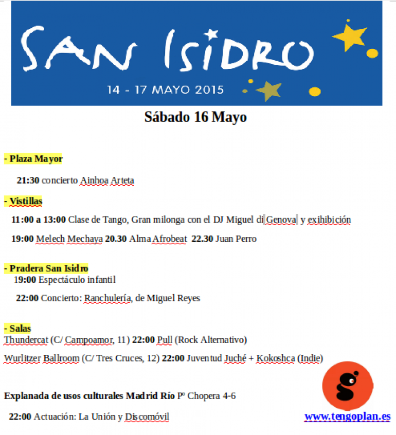Fiestas de San Isidro Madrid, 16 de mayo programa
